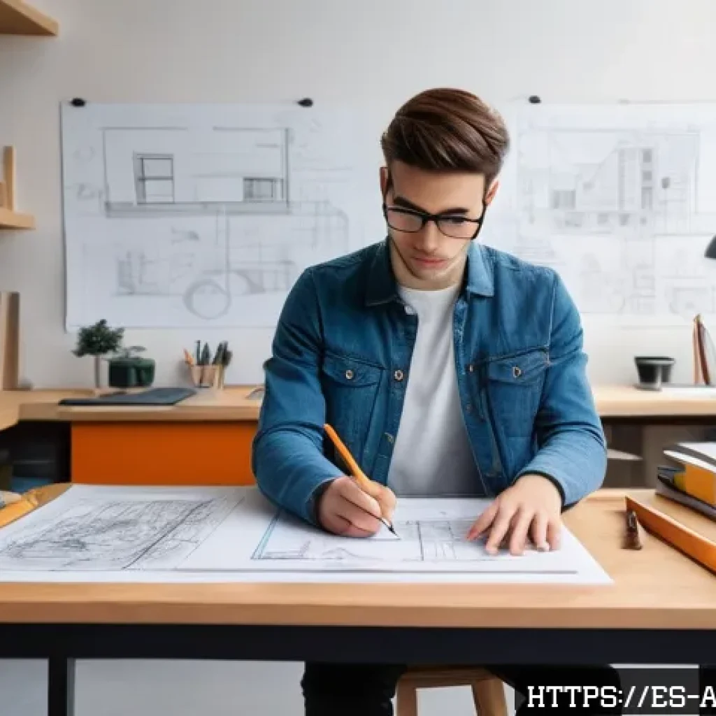 건축가가 되는 과정에서 겪는 도전 - A young architecture student seated at a wooden drafting table, focused on drawing precise technical...