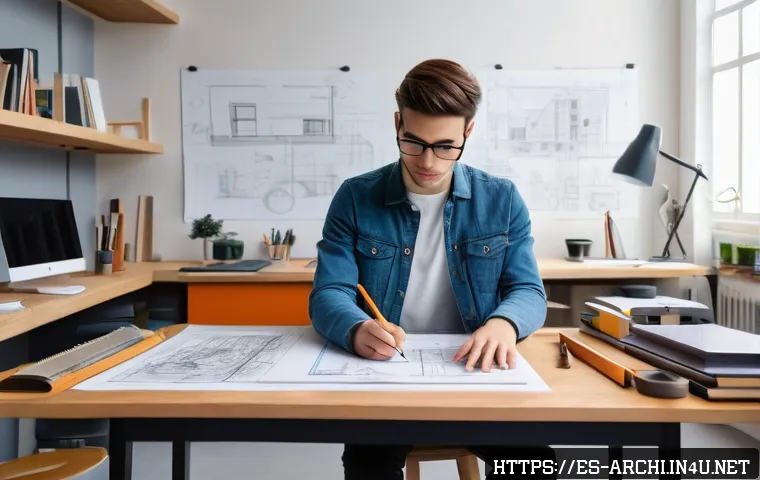 건축가가 되는 과정에서 겪는 도전 - A young architecture student seated at a wooden drafting table, focused on drawing precise technical...