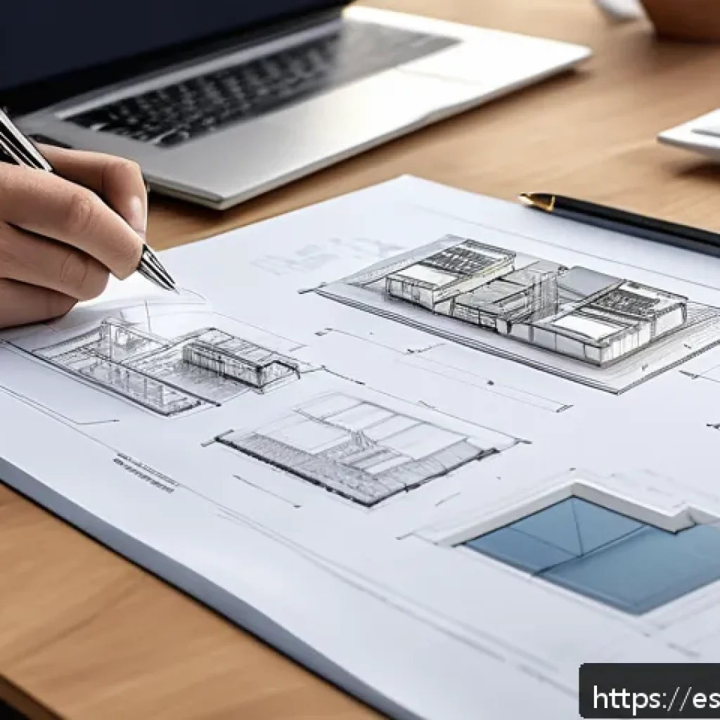 건축학도 취업 준비 가이드 - A modern architecture portfolio spread open on a sleek wooden desk in a bright studio, featuring hig...
