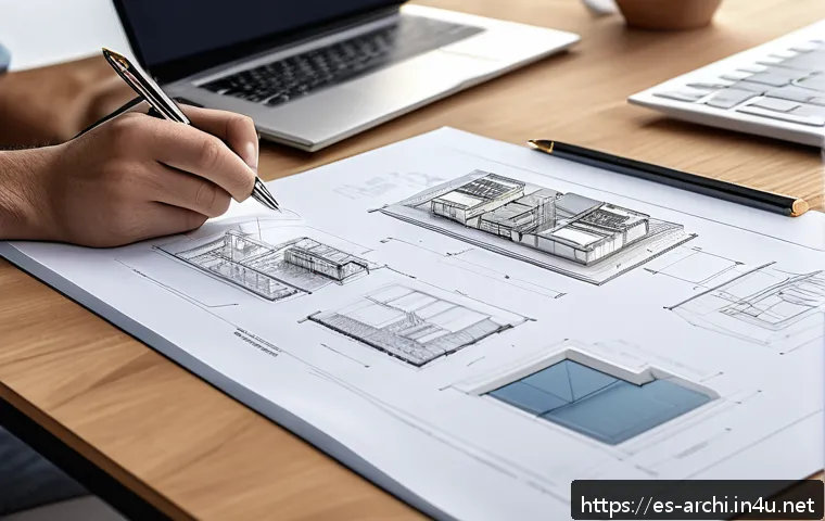 건축학도 취업 준비 가이드 - A modern architecture portfolio spread open on a sleek wooden desk in a bright studio, featuring hig...