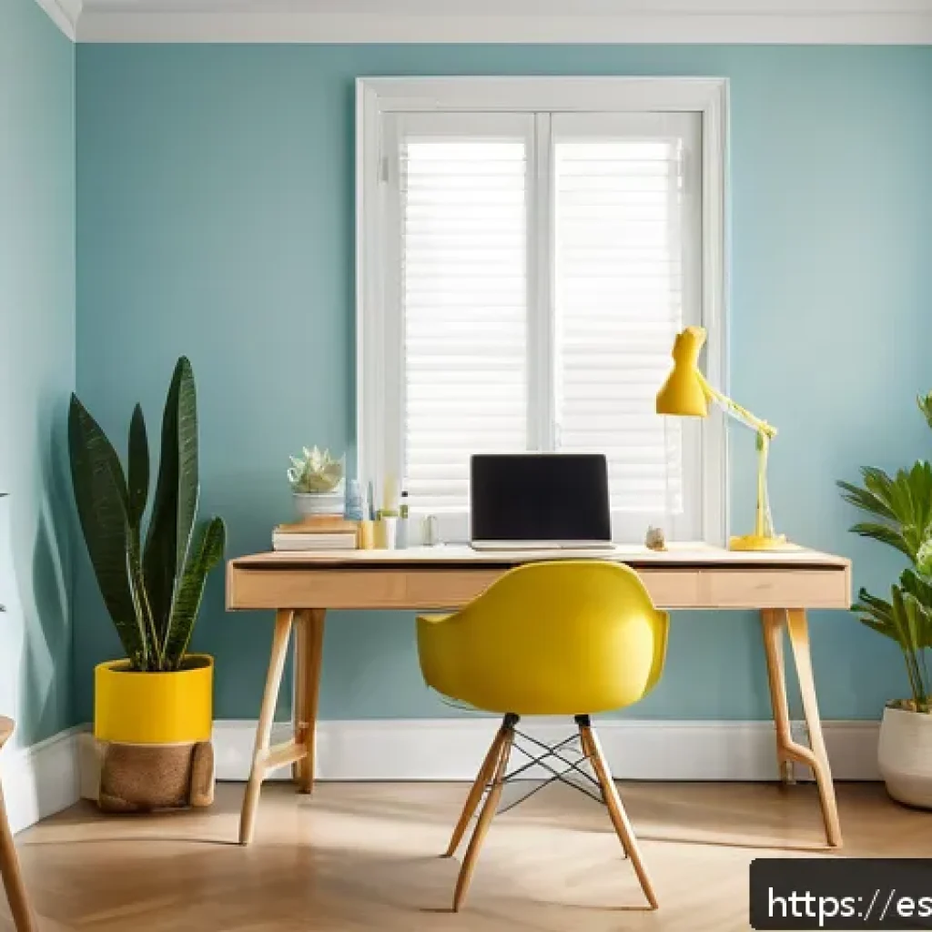 건축과 디자인 심리학 - A modern home office interior bathed in natural light from a large window, featuring a light blue pa...
