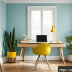 Home 22 건축과 디자인 심리학 - A modern home office interior bathed in natural light from a large window, featuring a light blue pa...