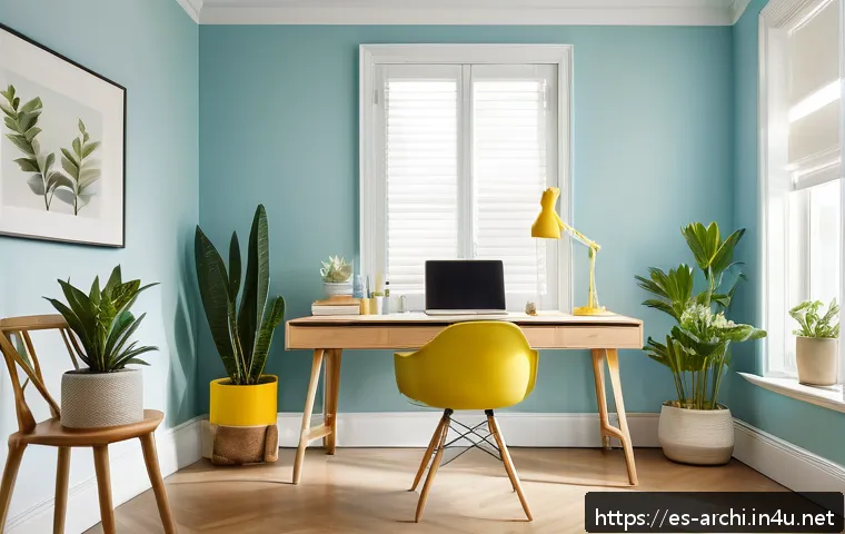 건축과 디자인 심리학 - A modern home office interior bathed in natural light from a large window, featuring a light blue pa...