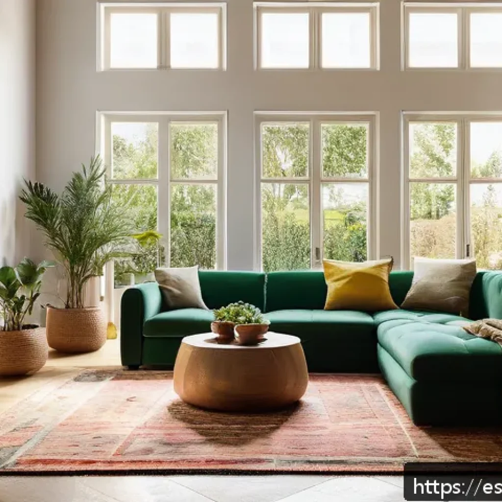 건축 설계와 감각적 경험 디자인 - A modern Spanish living room bathed in abundant natural sunlight streaming through large, strategica...