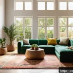 Home 20 건축 설계와 감각적 경험 디자인 - A modern Spanish living room bathed in abundant natural sunlight streaming through large, strategica...