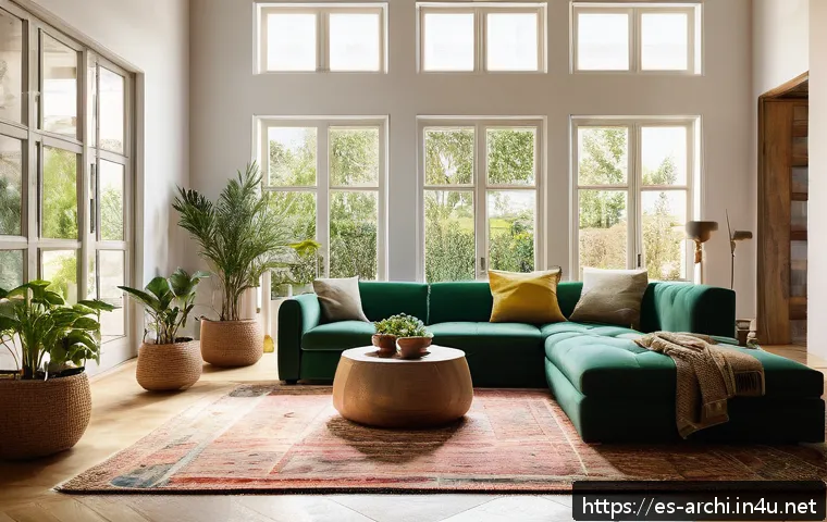 건축 설계와 감각적 경험 디자인 - A modern Spanish living room bathed in abundant natural sunlight streaming through large, strategica...