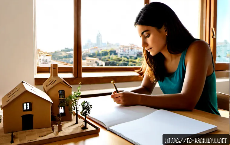 건축가로서의 창의성 유지 방법 - Photorealistic Spanish architect in a sunlit studio, thoughtfully sketching an original sustainable ...