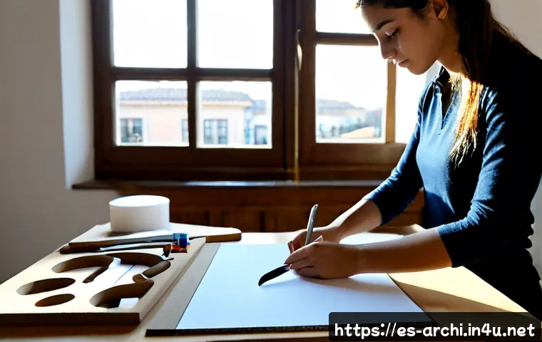 건축학과 실습 과제 준비 팁 - Photorealistic architecture student in a bright Spanish university studio, carefully organizing a pr...